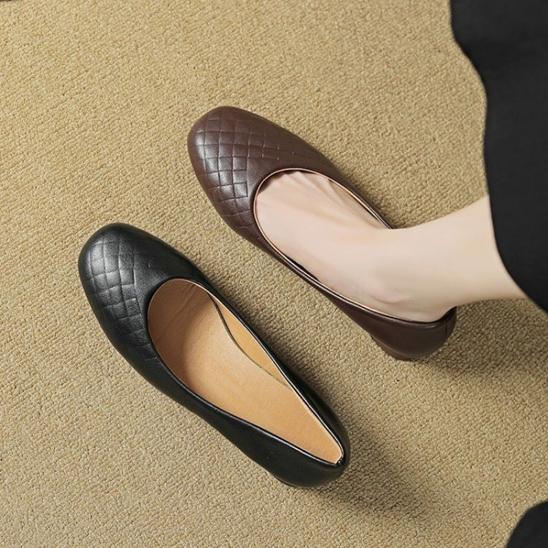 复古粗跟单鞋女2024年秋季新款时尚编织方头浅口一脚蹬中跟鞋子