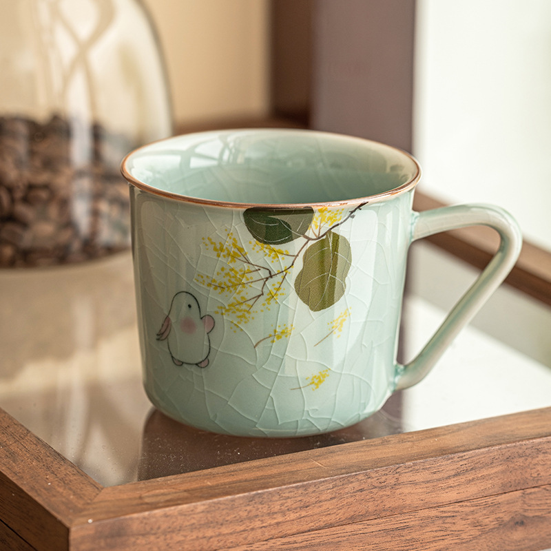 手绘月兔汝窑咖啡杯陶瓷茶杯带把防烫家用下午茶具泡茶喝水小杯子