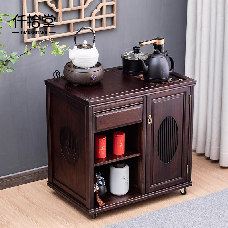 轻奢茶桌茶边柜家用茶水柜泡茶烧水壶一体 胡桃木色仿古竹藤工艺