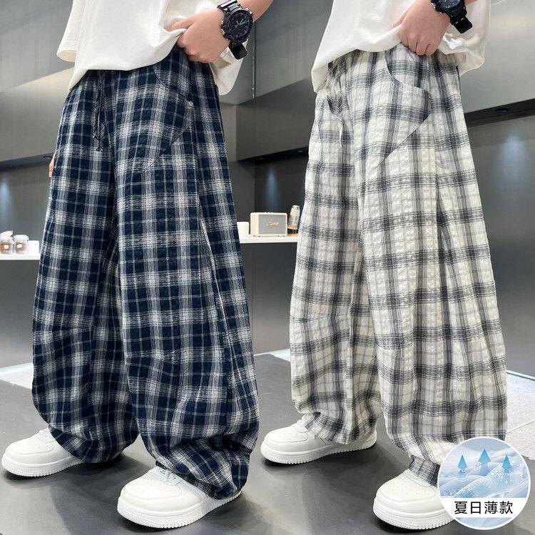 男童夏季薄款格子裤男孩宽松长裤