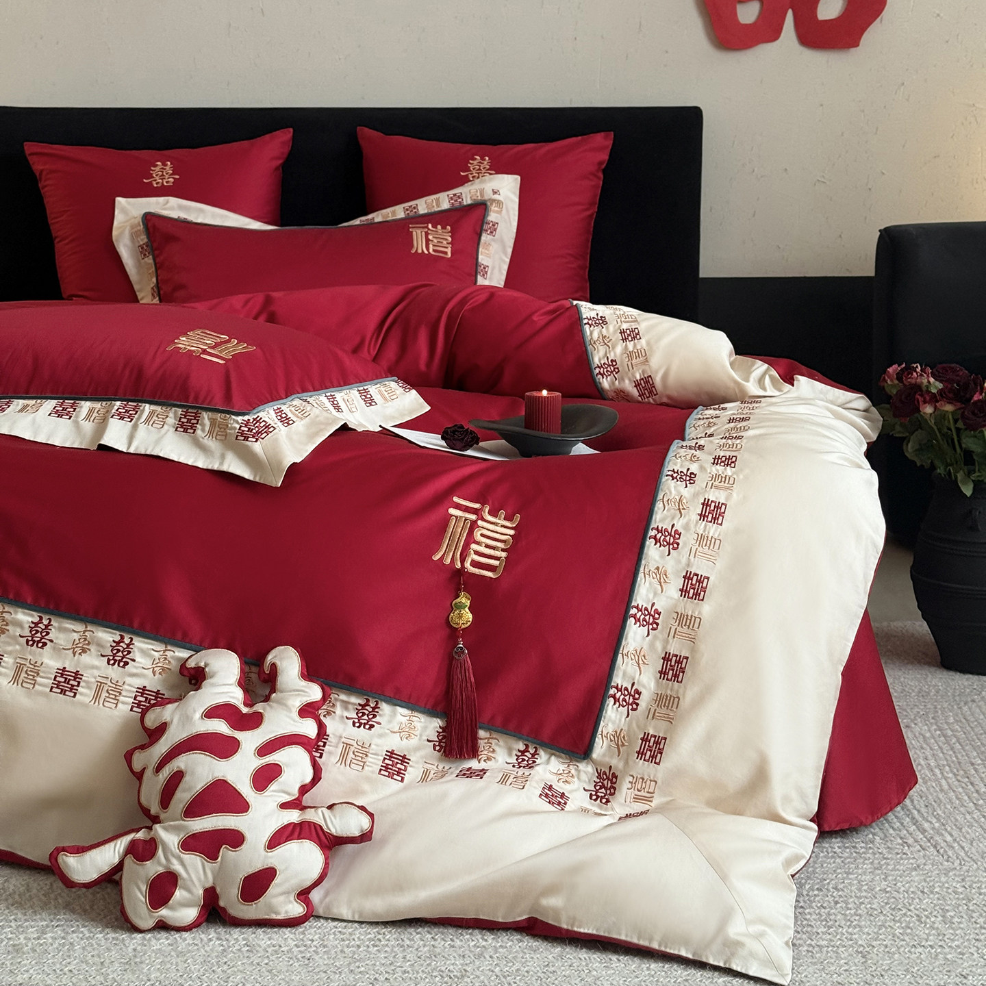 高端100S长绒棉红色婚庆四件套刺绣结婚床上用品全棉纯棉被套床单,床上用品,婚庆床品套件,淘宝优惠券,粉丝福利购,淘宝优惠卷