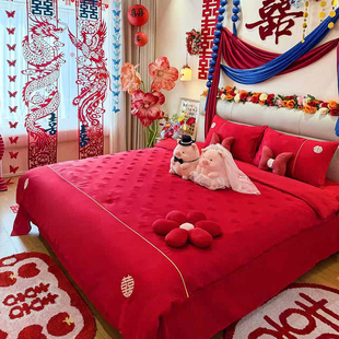 2026新款结婚床上四件套红色全棉被套床单喜被新婚庆喜嫁床品床笠
