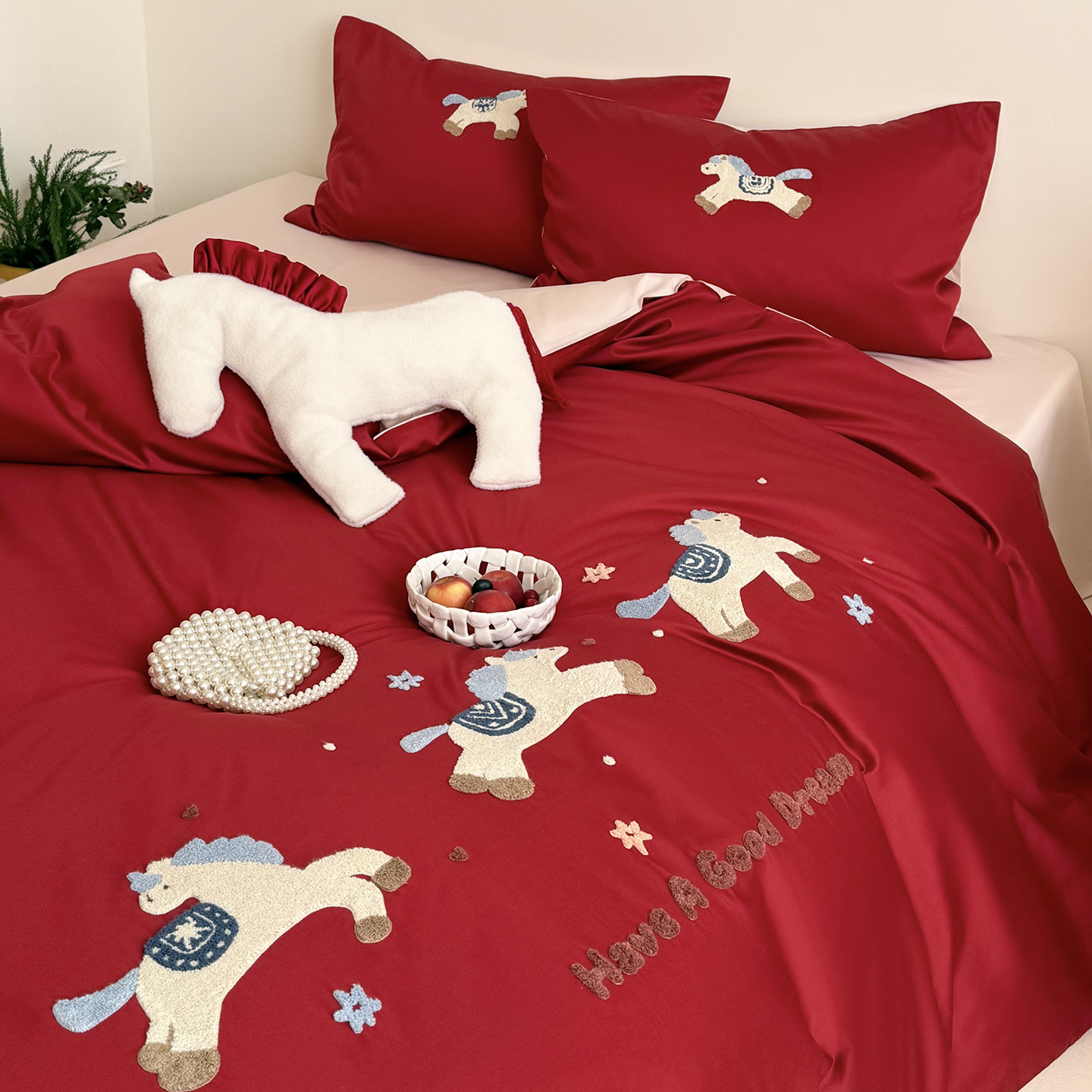 2026马年生肖款全棉四件套红色被套本命年纯棉高档床上用品床笠款,床上用品,婚庆床品套件,淘宝优惠券,粉丝福利购,淘宝优惠卷