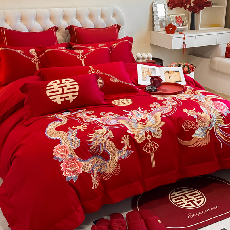 高档中式龙凤结婚四件套红色纯棉