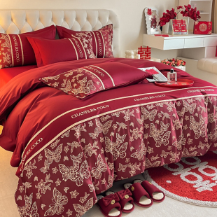 新中式 结婚四件套酒红色纯棉被套被罩全棉床单陪嫁婚庆床品床笠款