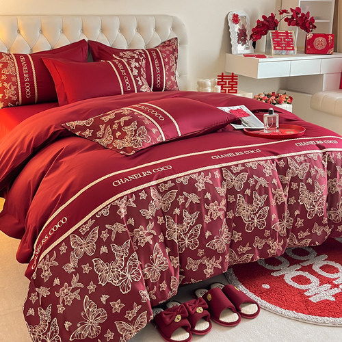 新中式结婚四件套被套酒红色纯棉