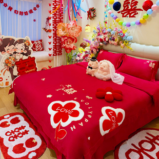 高档公主风结婚四件套大红色被套新婚庆喜被婚房陪嫁床上用品床笠