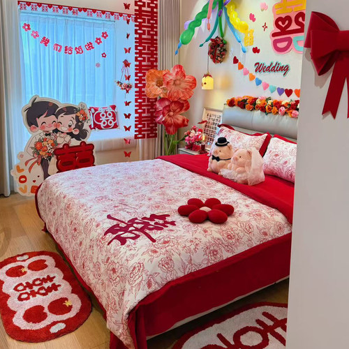 A类高档结婚四件套被套罩红色被