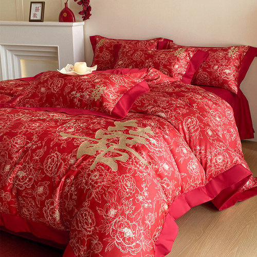 新中式双喜结婚四件套红色被套
