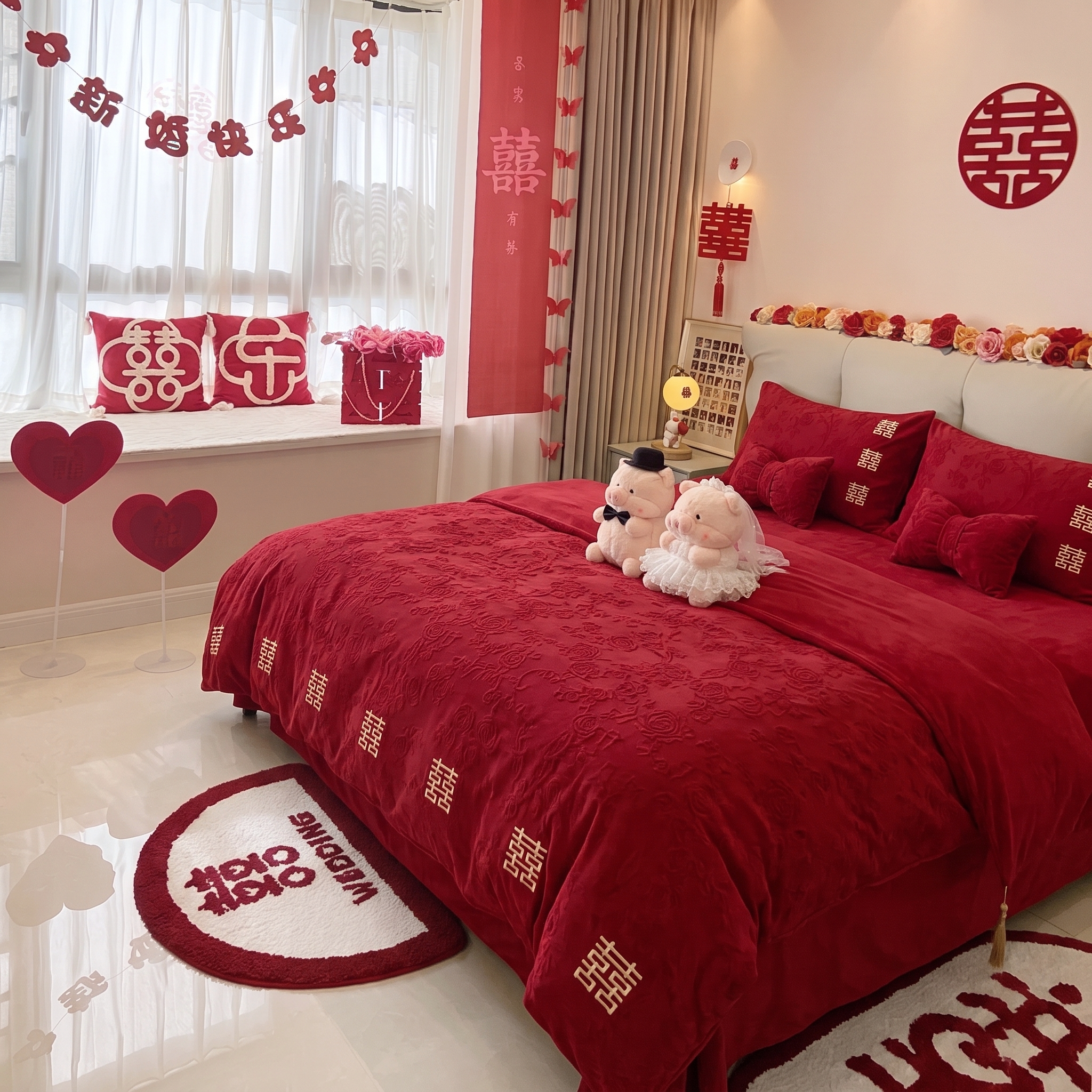 速热牛奶绒红色结婚床上四件套加厚加绒提花被套珊瑚绒新婚庆床品