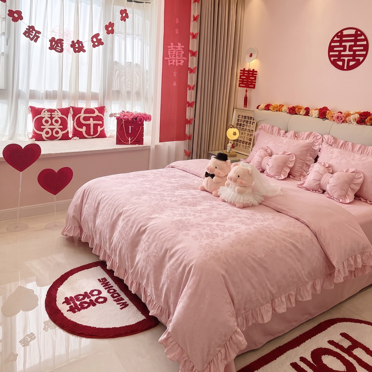 高档粉色结婚四件套提花被套喜嫁娶床上用品新婚庆婚房床单床笠款