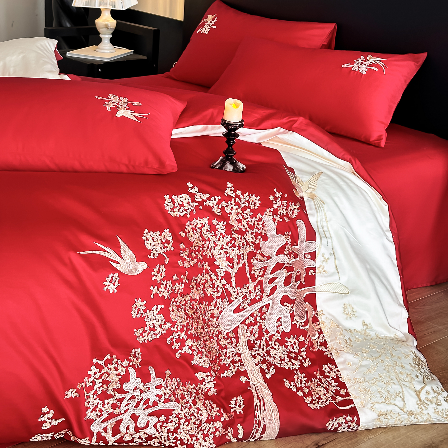 中式结婚四件套红色婚庆刺绣被套
