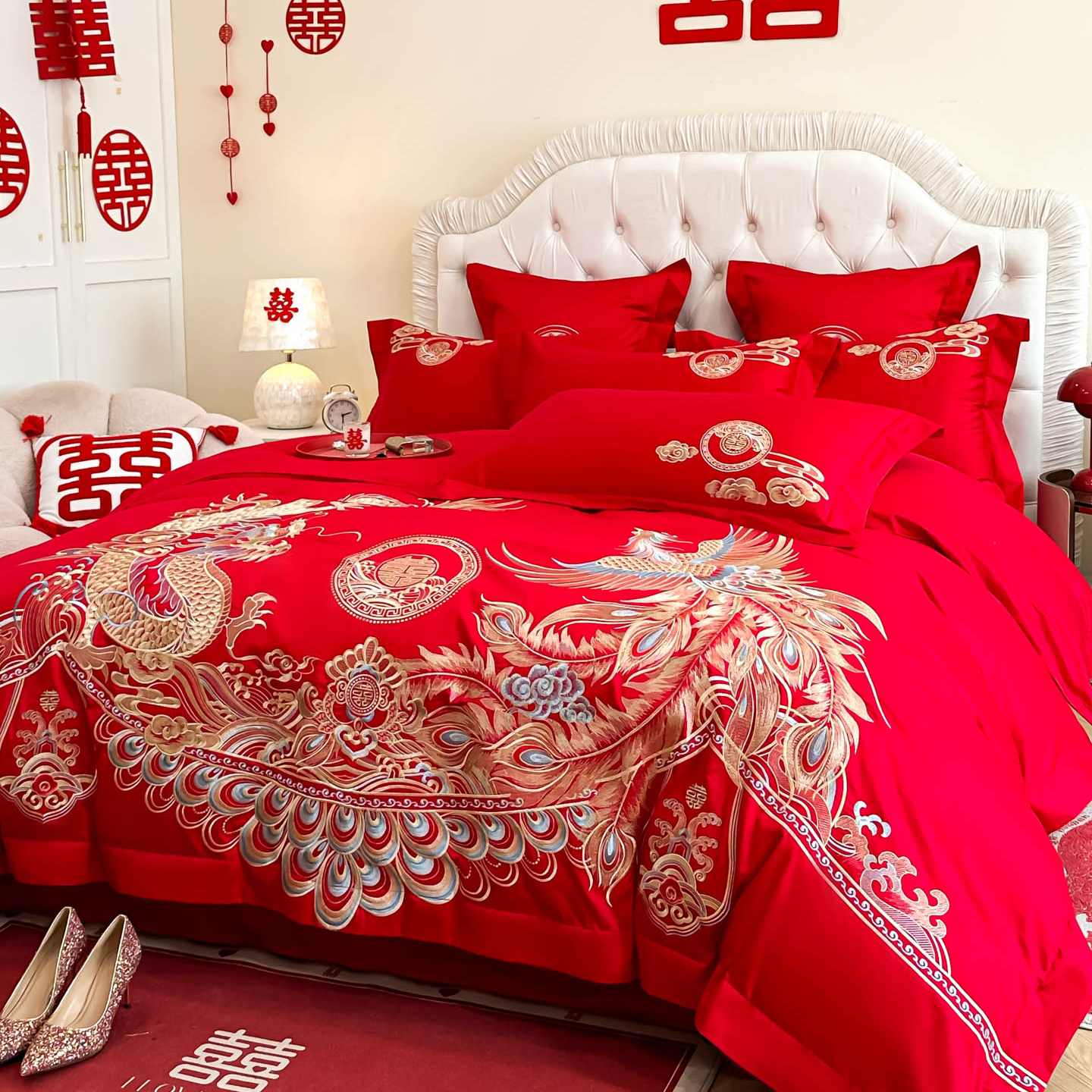 高档龙凤刺绣红色结婚四件套新婚庆床上用品喜被套婚房被罩床笠款