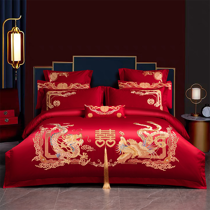 高端200支龙凤长绒棉结婚四件套纯棉被套南通家纺婚庆陪嫁床品笠8
