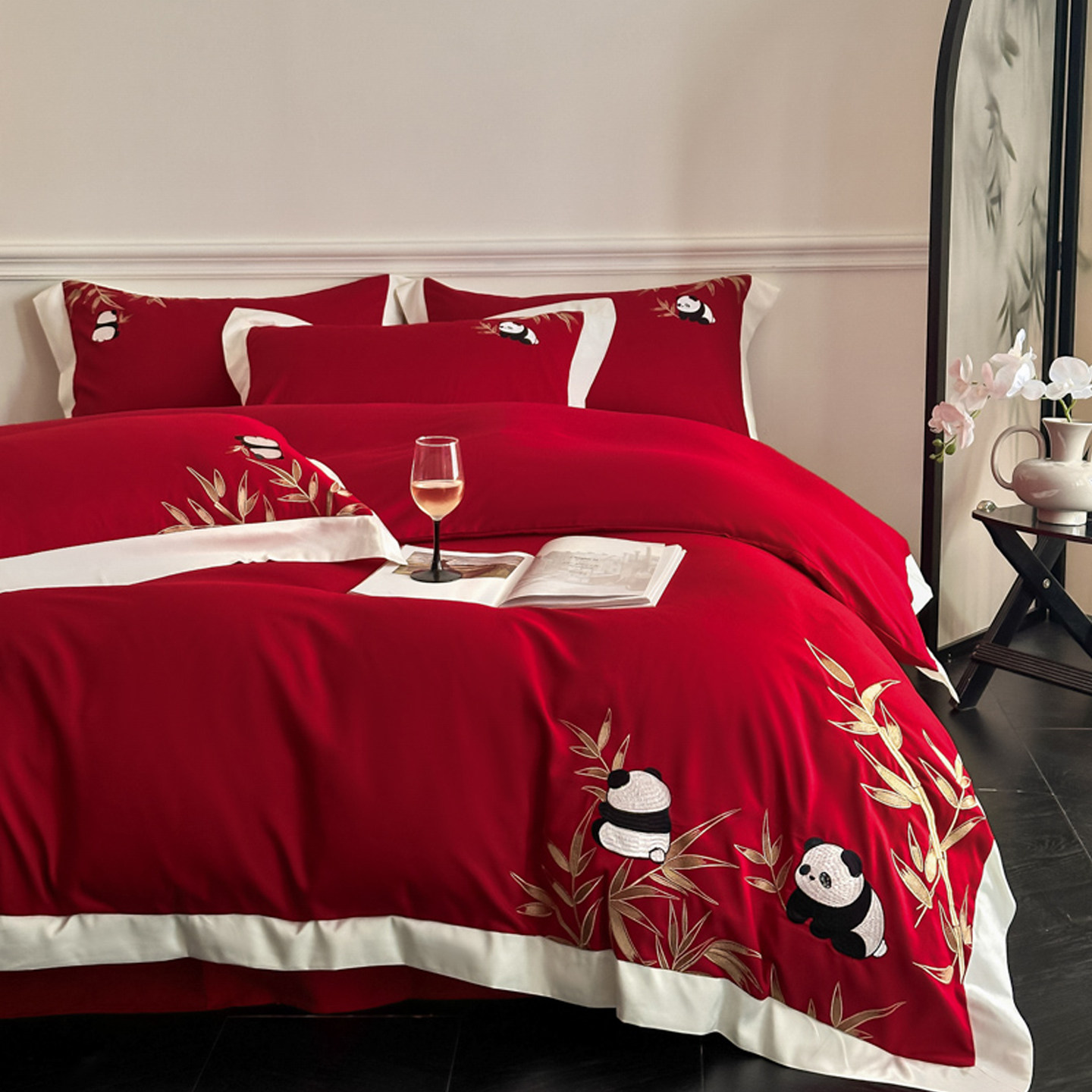 新中式国潮风纯棉结婚四件套竹叶熊猫全棉被套大红色婚庆床上用品,床上用品,婚庆床品套件,淘宝优惠券,粉丝福利购,淘宝优惠卷