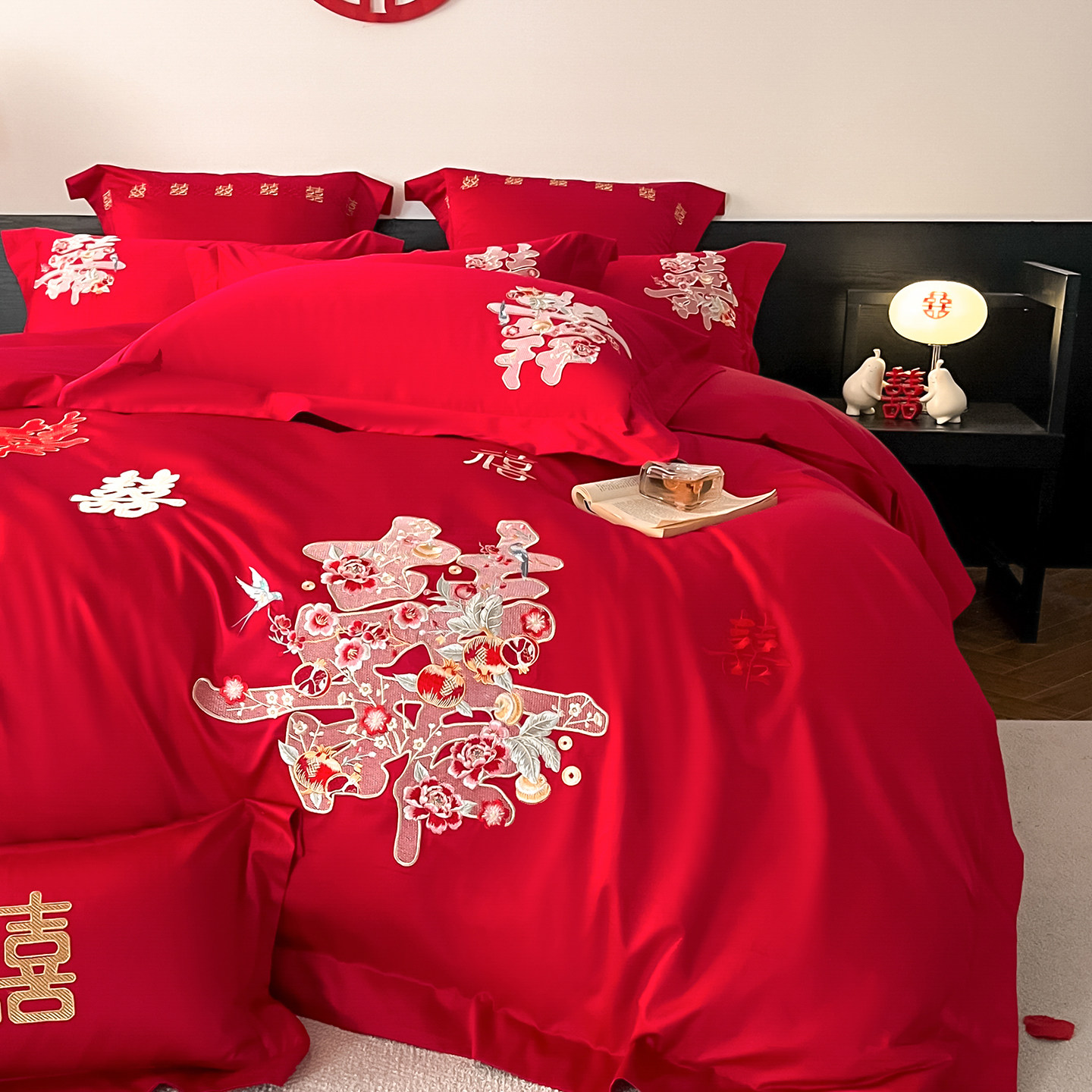 高档全棉结婚红色床上四件套刺绣纯棉被套婚庆喜嫁床上用品床笠款,床上用品,婚庆床品套件,淘宝优惠券,粉丝福利购,淘宝优惠卷