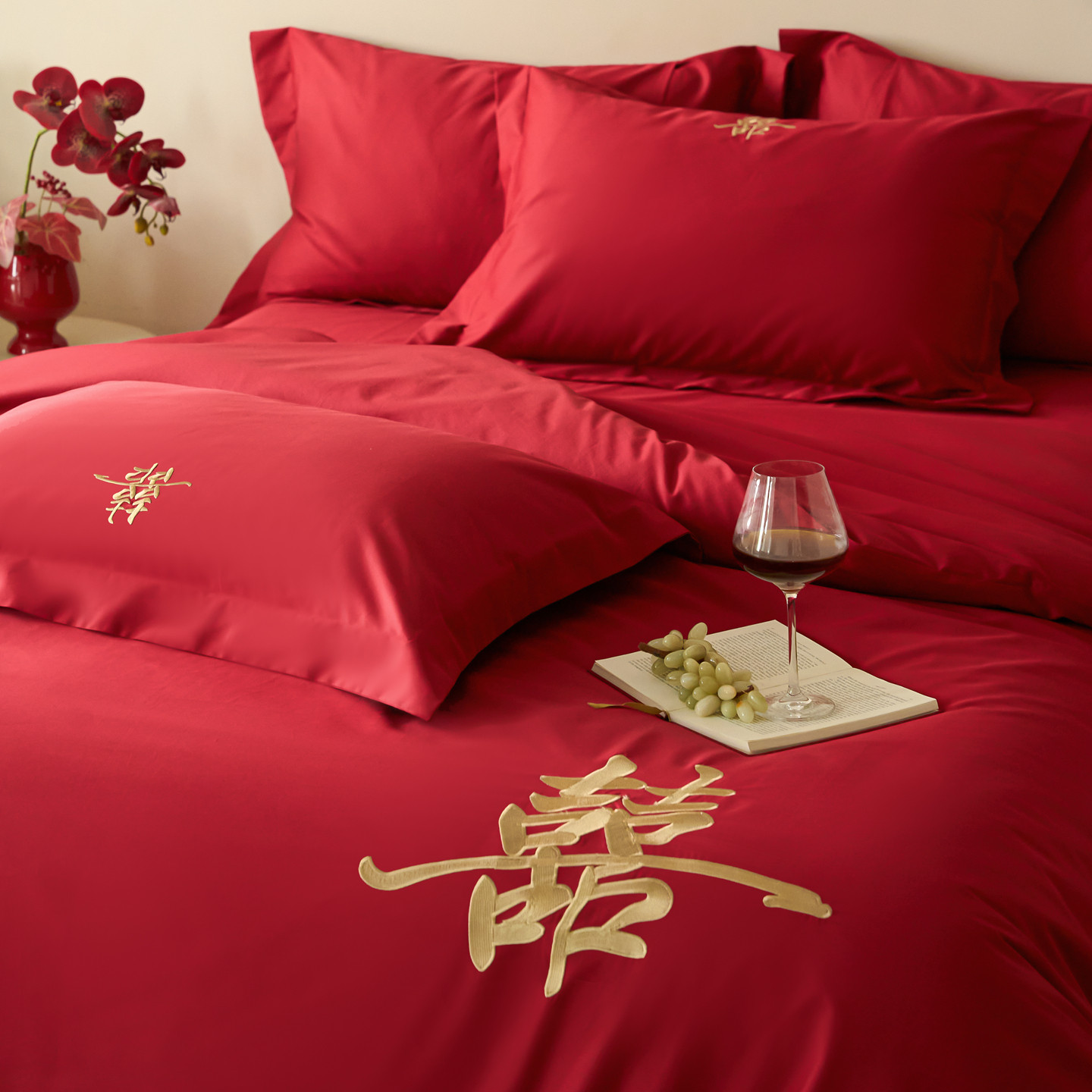 2026新款高支长绒棉结婚床上四件套红色全棉纯棉被套床单婚庆床品,床上用品,婚庆床品套件,淘宝优惠券,粉丝福利购,淘宝优惠卷