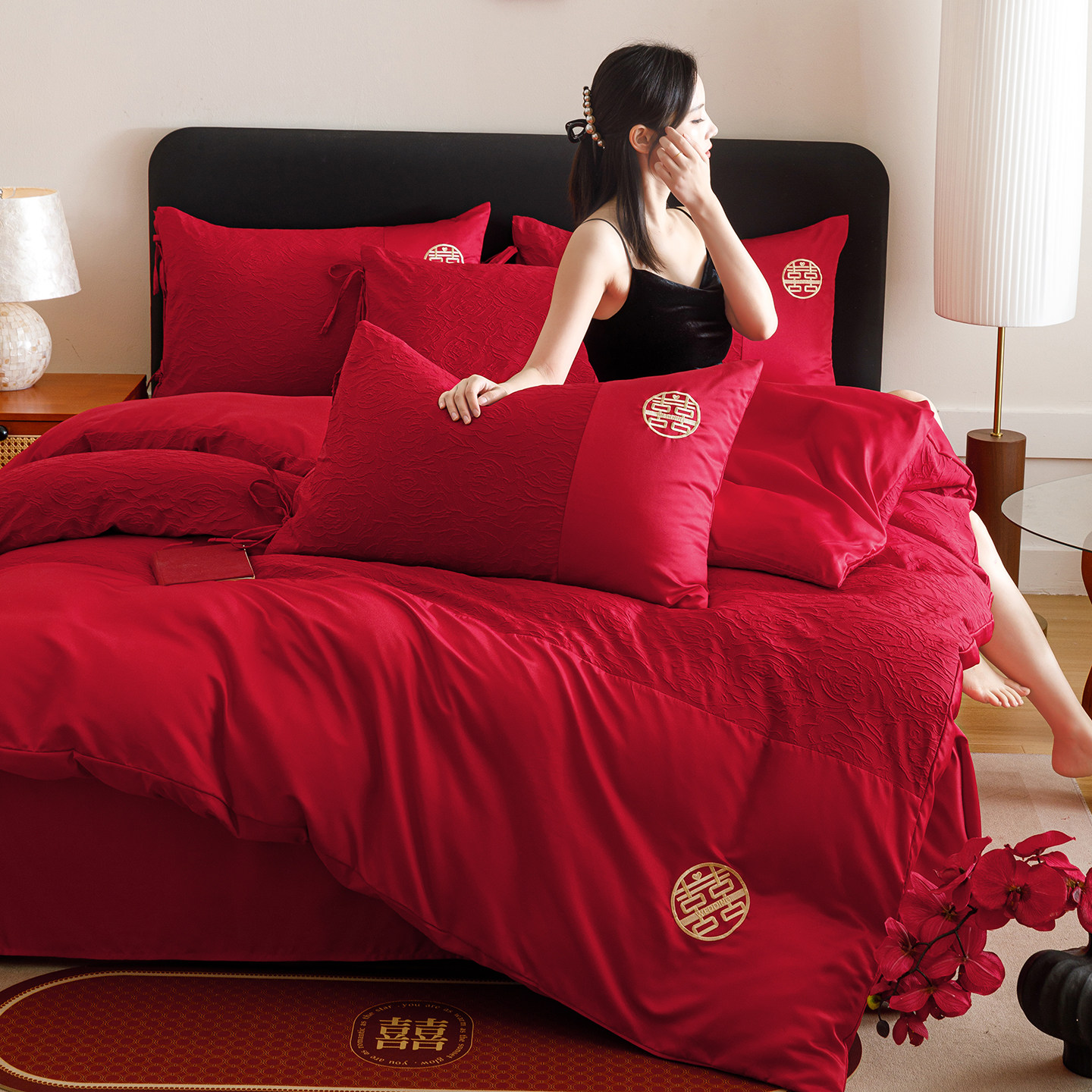 高档新中式全棉结婚四件套纯棉提花被套床单红色婚庆床上用品床笠,床上用品,婚庆床品套件,淘宝优惠券,粉丝福利购,淘宝优惠卷