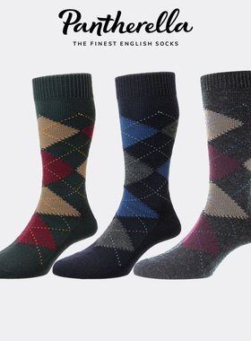 英国Pantherella羊毛袜子男士秋冬中筒袜菱格纹厚款西装袜B59100