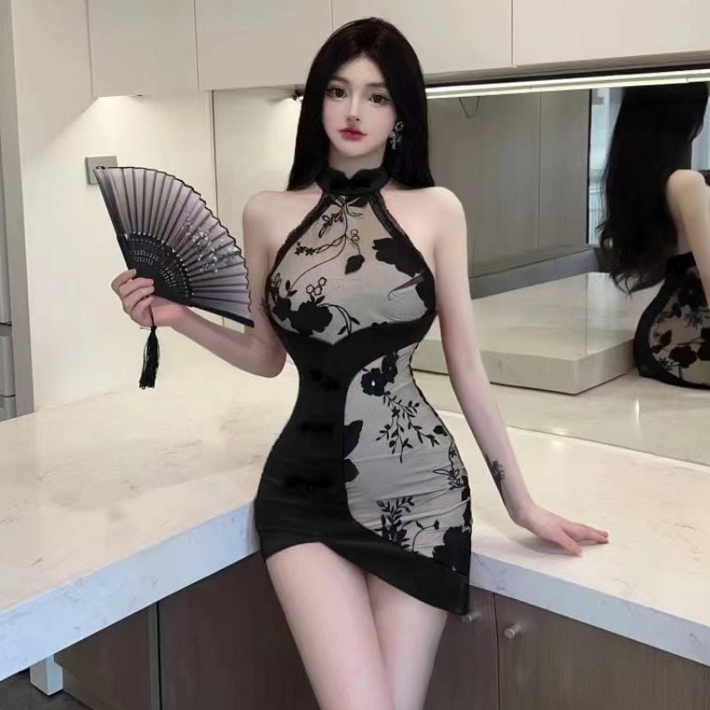 速发复古中国风夜场气质主播拼色旗袍不规则紧身无袖连衣裙