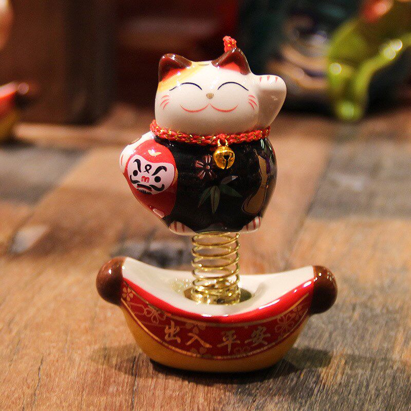 速发陶瓷弹簧猫招财猫 创意盆财桌面汽摆件小车装饰招财工艺品招