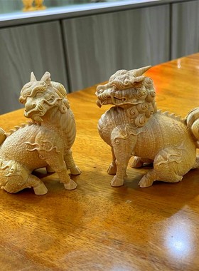 速发黄杨木雕马蹄麒麟手创件把意居家艺工品客厅电视柜装饰礼品