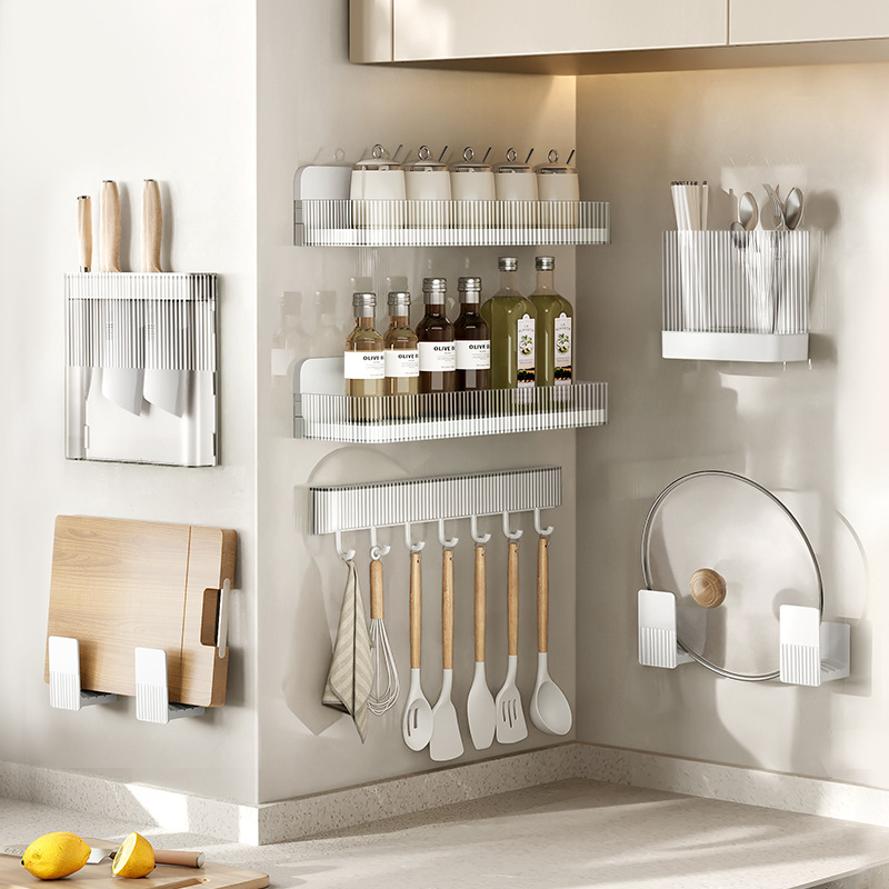 速发厨房置物架板用壁挂免打子筷孔筒刀具调料架子墙上收纳挂钩菜