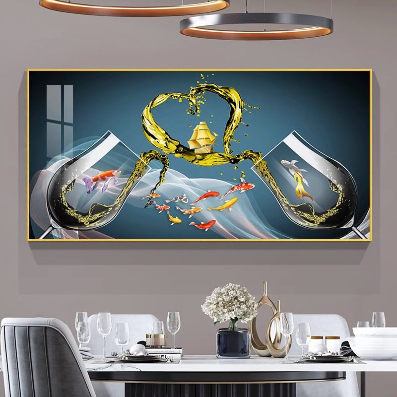 速发轻奢九杯图饭厅装饰画高级挂厨房餐桌背景墙壁画酒鱼饭厅感画
