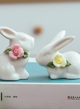 速发陶瓷手捏件月兔白瓷小兔子办公室摆花玉瓷摆件陶瓷可爱小陶兔