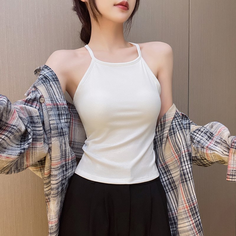 速发白色挂底吊带背心针季新款夏织无袖带胸垫内搭美背外穿打脖上