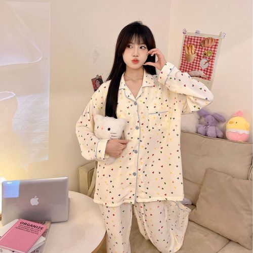 云朵棉睡衣女生秋季新款带胸垫套装韩版可爱长袖长裤开衫家居