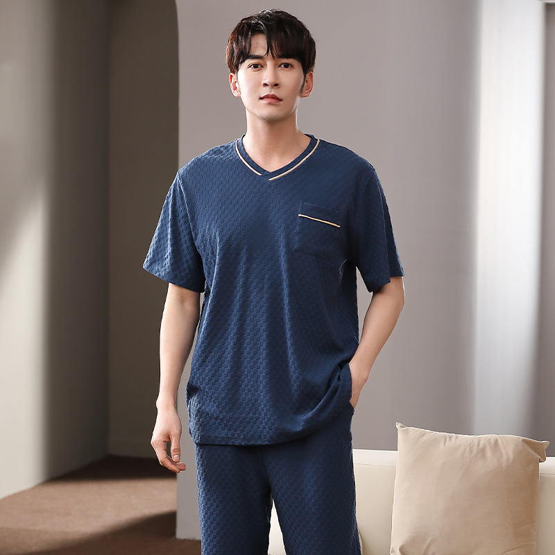 爽棉男夏季短袖纯棉长裤睡衣家居服V领套装加肥宽松XXXXL大码 RR
