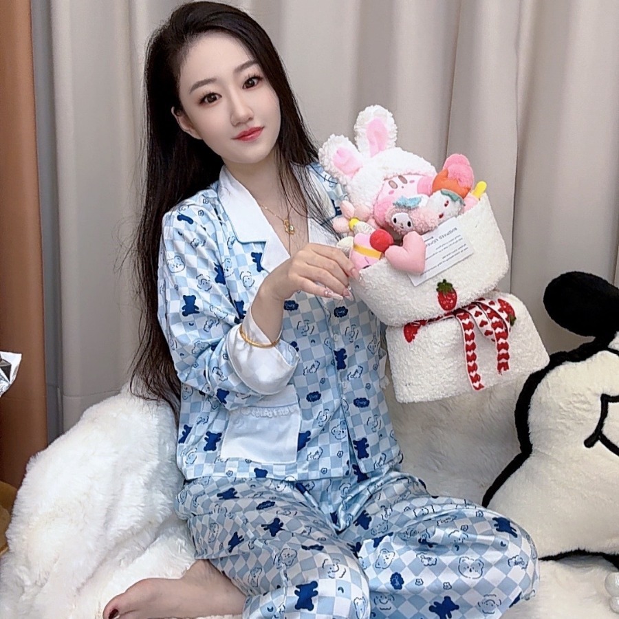 秋季长袖长裤女家居服睡衣套装小熊卡通开衫可外穿可爱透气