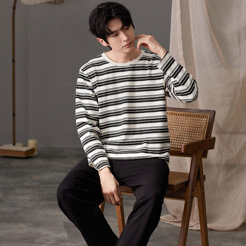 新款春秋季男士睡衣仿棉长袖圆领条纹青少年休闲家居服套装