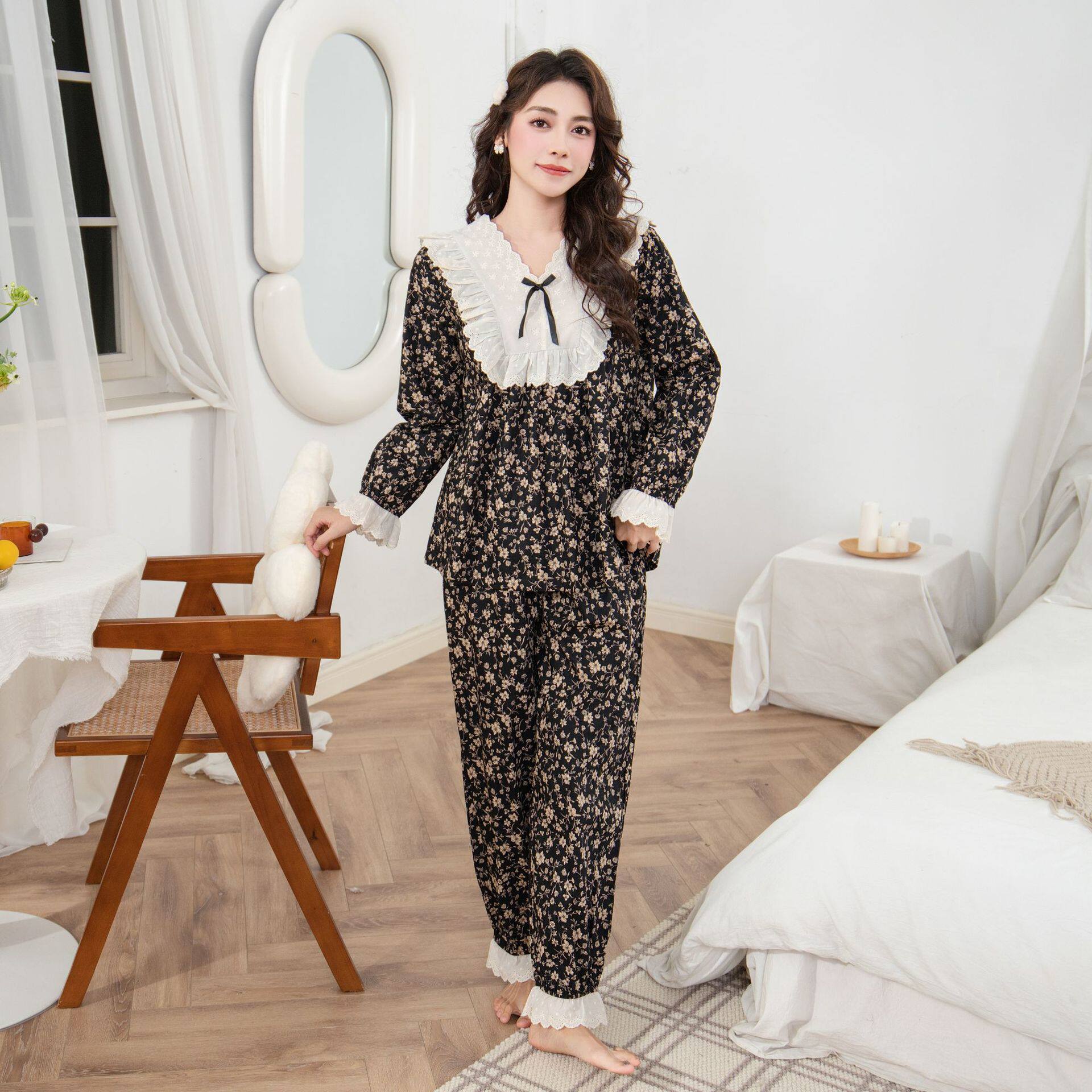 睡衣女春秋新款碎花田园风甜美蕾丝花边复古宽松宫廷风家居服套装