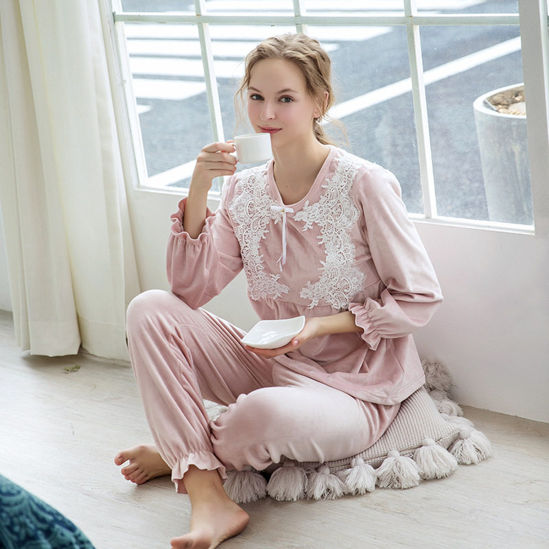 秋冬季睡衣女甜美蕾丝公主法兰绒法式超柔海岛绒宫廷风家居服套装