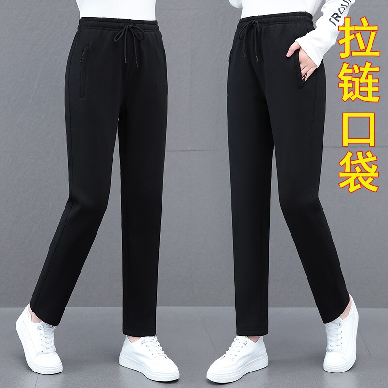 纯棉休闲 裤女春秋新款显瘦小个子九分卫裤宽松妈妈直筒加绒运动