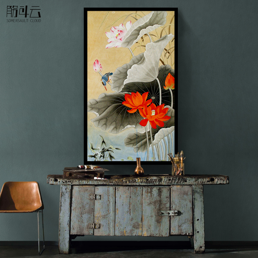 纯手绘中式荷花竖幅工笔油画玄关卧室客厅装饰画百年好合装饰挂画图片