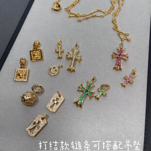 克罗家别针笑脸十字架项链男女925银镀22k金ins潮流时尚百搭吊坠