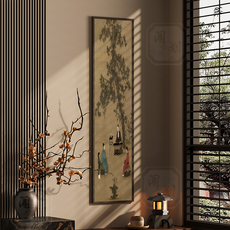 宋氏美学新中式弹琴装饰画客厅玄关背景墙壁画茶室可定制竖幅挂画