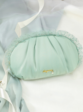 日本Raiponce 绿色波点 蕾丝绸缎贝壳包女士手拿包收纳化妆包