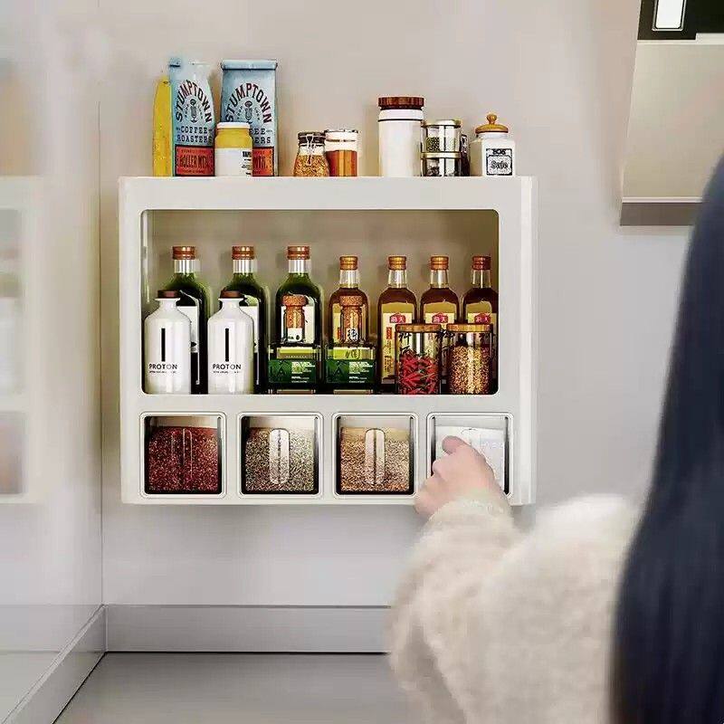 奶白带盒壁挂调料置物架多功能厨房油盐酱醋收纳挂壁调料架免打孔