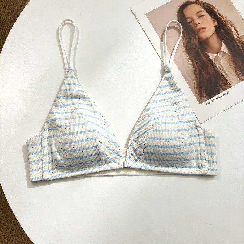 美式前扣无钢圈美背内衣女夏季薄款细肩带性感三角杯条纹文胸套装
