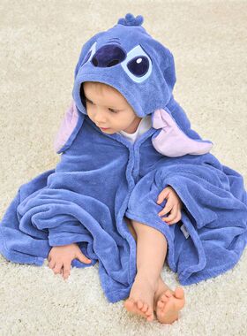 迪士尼史迪奇儿童浴巾珊瑚绒婴儿宝宝连帽斗篷浴袍沙滩带帽浴巾
