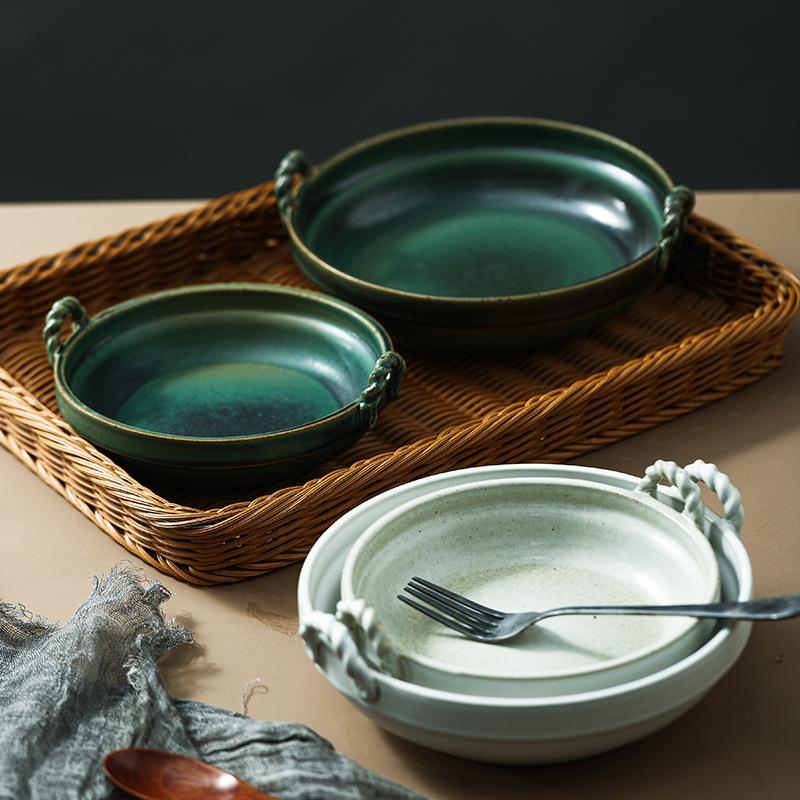 艺隆轩日式麻绳粗陶碗盘复古汤碗米饭汤面碗创意双耳碗盘家用食器
