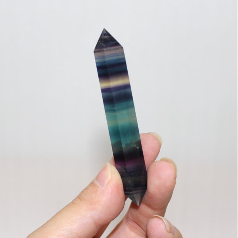 天然七彩萤石双尖水晶柱荧石六棱柱水晶原石打磨家居装饰摆件