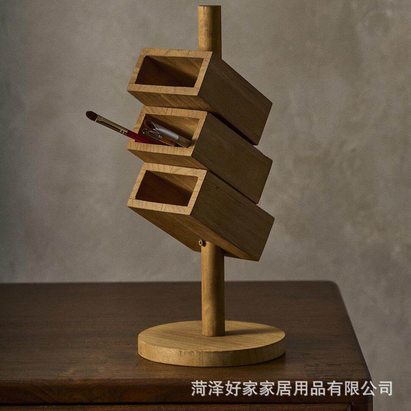 新款公木质笔筒盒可旋转画画彩笔置物架实木斜插式笔筒底座摆件