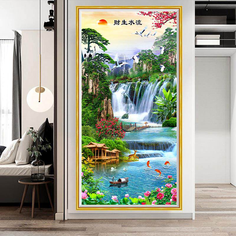 OF9D玄关自粘装饰画墙贴画过道走廊竖版山水贴画风景墙纸防水中式