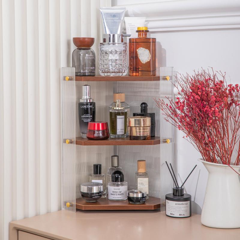 新款简约亚克力化妆品实木三角墙角卫浴转角置物收纳架多层多用途