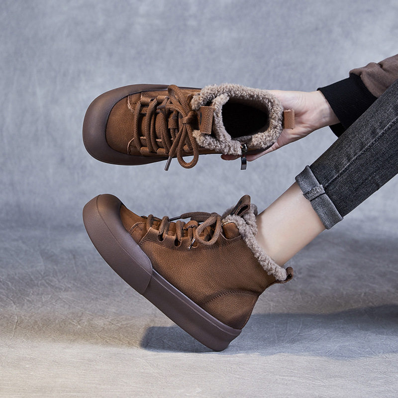 短靴女冬季加厚加绒保暖棉靴真皮复古百搭雪地靴厚底英伦风马丁靴